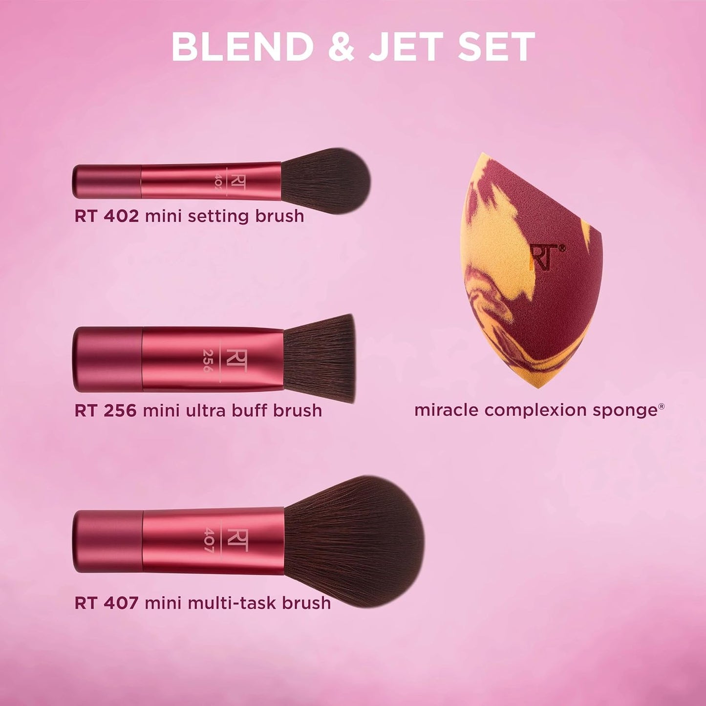 Blend + Jet Set Travel Makeup Brush & Sponge Set, 4 Piece Mini Holiday Gift - Bajo Pedido