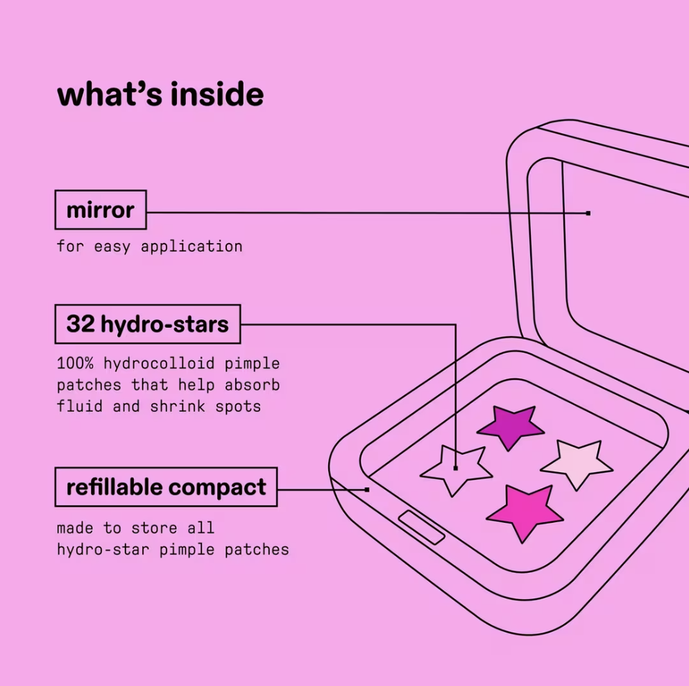 Parches de estrella para el acne rosados en caja refilleable con espejo marca starface Guatemala